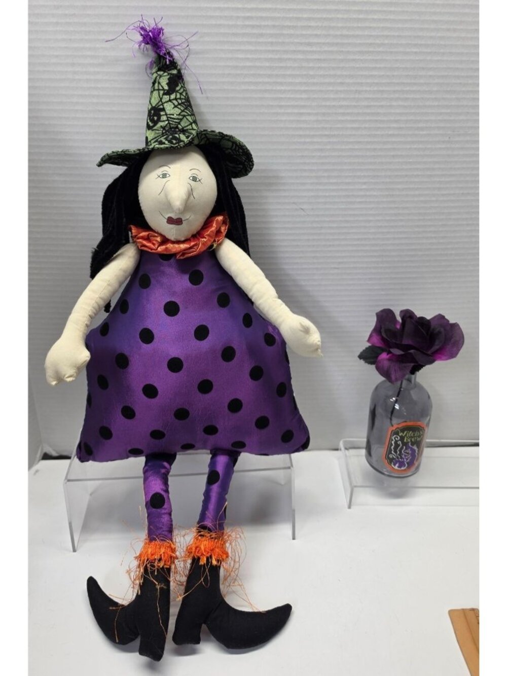 Halloween Witch Doll & Witch's Brew Bottle Vase Purple Black Decor Lot